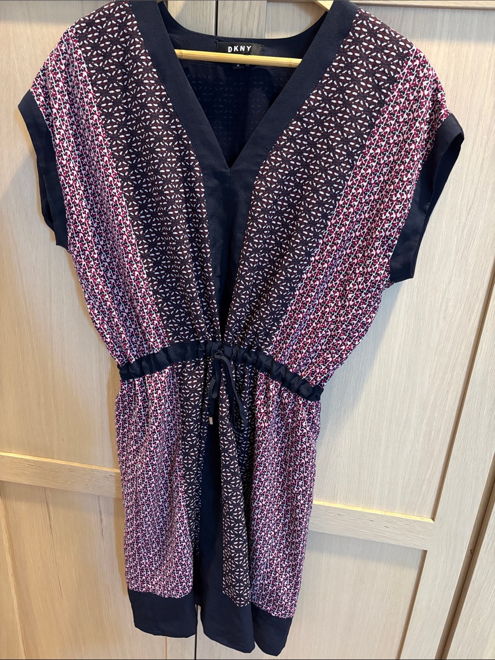 DKNY Black and Pink Printed V-Neck Midi Dress